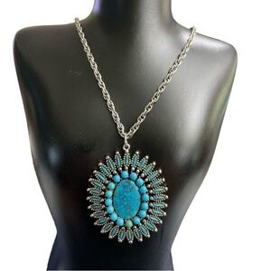 Vintage JJ Jonette Signed Faux Turquoise 1970s Southwestern Pendant on 24" Rope